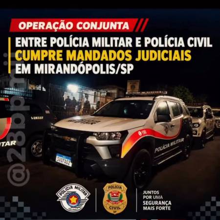 OPERAÇÃO CONJUNTA ENTRE POLÍCIA MILITAR E POLÍCIA CIVIL CUMPRE MANDADOS JUDICIAIS EM MIRANDÓPOLIS/SP 