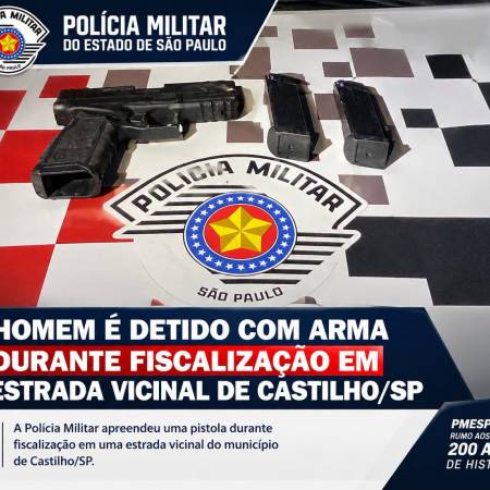 POLÍCIA MILITAR APREENDE PISTOLA DURANTE FISCALIZAÇÃO EM ESTRADA VICINAL DE CASTILHO/SP