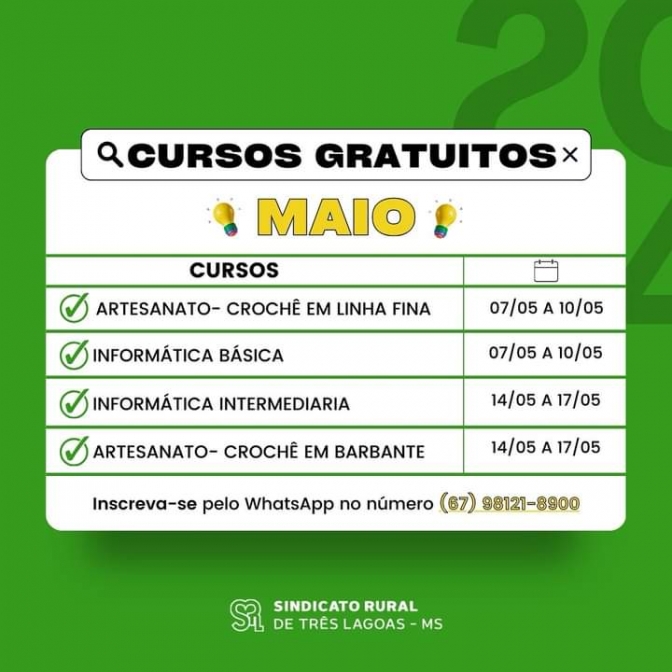 Sindicato Rural de Três Lagoas tem cursos gratuitos para mês de maio