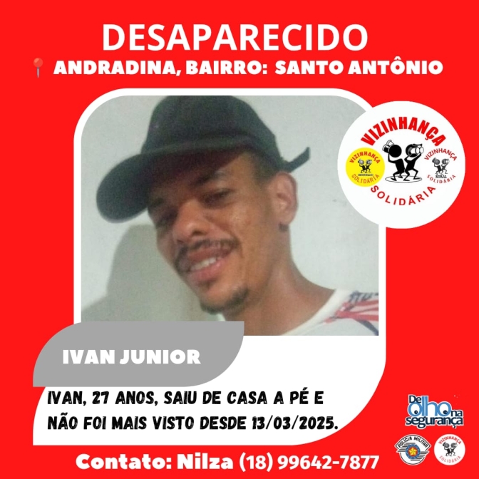 Alerta de Pessoa Desaparecida: Ivan Junior, desaparecido em Andradina