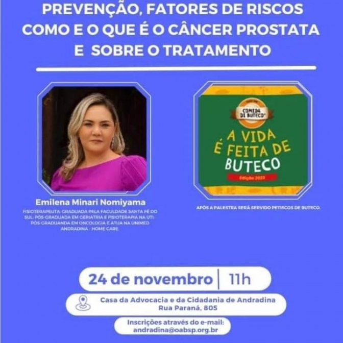 Nesta sexta tem palestra do Novembro Azul na OAB de Andradina