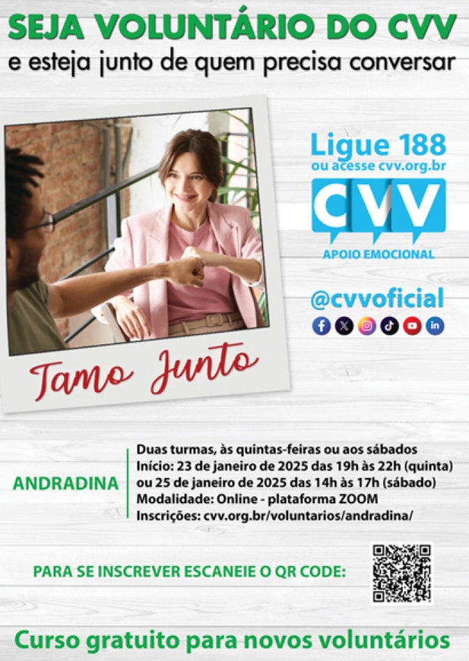 Núcleo do CVV de Andradina abre inscrições para novos voluntários