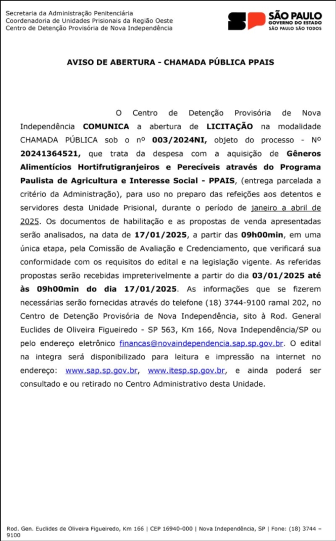 CDP de Nova Independência Aviso de Credenciamento do Programa Paulista de Agricultura de Interesse Social