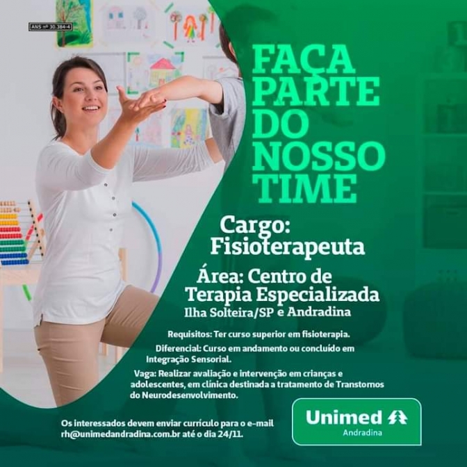 Unimed Andradina tem vaga de emprego de psicólogo, psicopedagogo, terapeuta ocupacional e outras funções