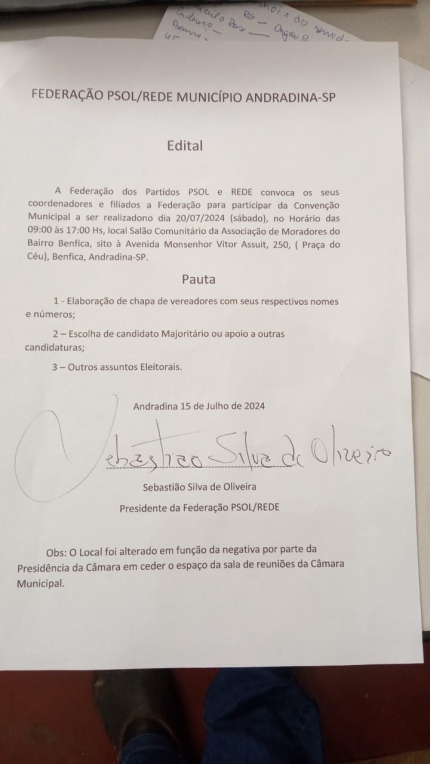 Sábado tem convenção da Federação PSOL/REDE no salão comunitário do bairro Benfica em Andradina