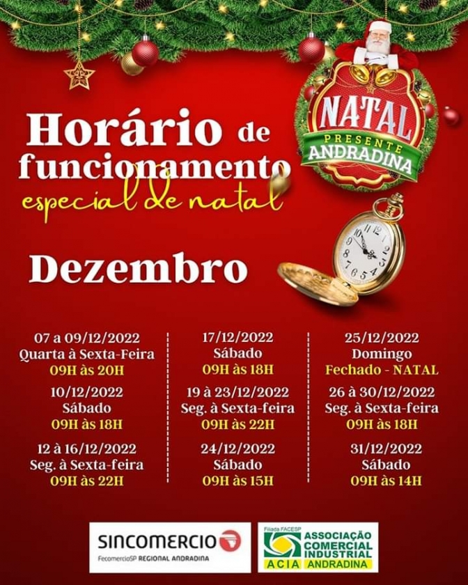 Comércio de Andradina funcionará em horário especial de Natal