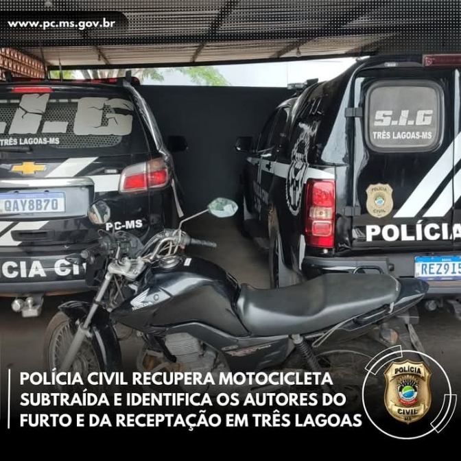 SIG recupera motocicleta subtraída e identifica os autores do furto e da receptação em Três Lagoas