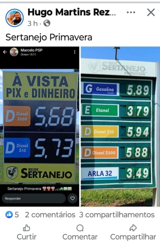 Em Andradina tem diesel R$ 5,68 e diesel S10 R$ 5,73 no Posto Primavera