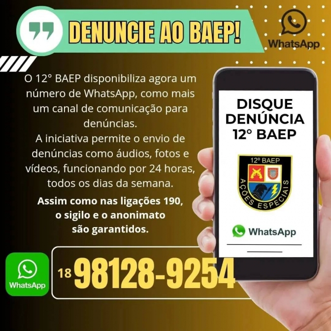 Ajude a Manter Nossa Comunidade Mais Segura! Utilize o Disque Denúncia Anônimo do 12º BAEP de Araçatuba