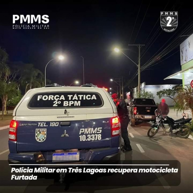 Polícia Militar de Três Lagoas recupera motocicleta furtada na Operação  “Corpus Christi”