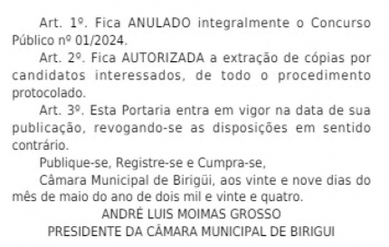 Câmara de Birigui anula concurso público com resultado contestado