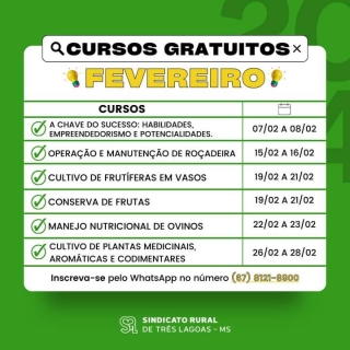 Sindicato Rural de Três Lagoas promove cursos gratuitos