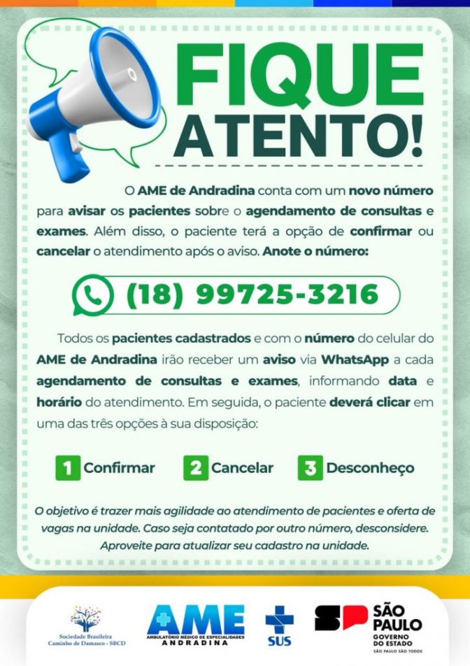 AME de Andradina está com novo número de telefone para agendamento de consultas e exames