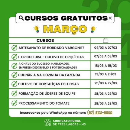 Sindicato Rural de Três Lagoas cursos gratuitos do mês de março