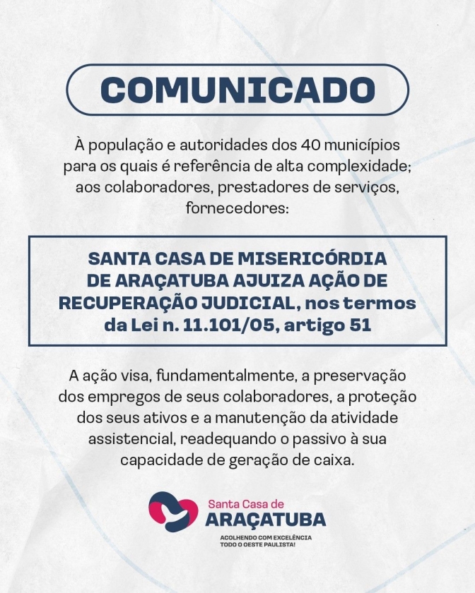 Santa Casa de Araçatuba ajuíza Ação de Recuperação Judicial