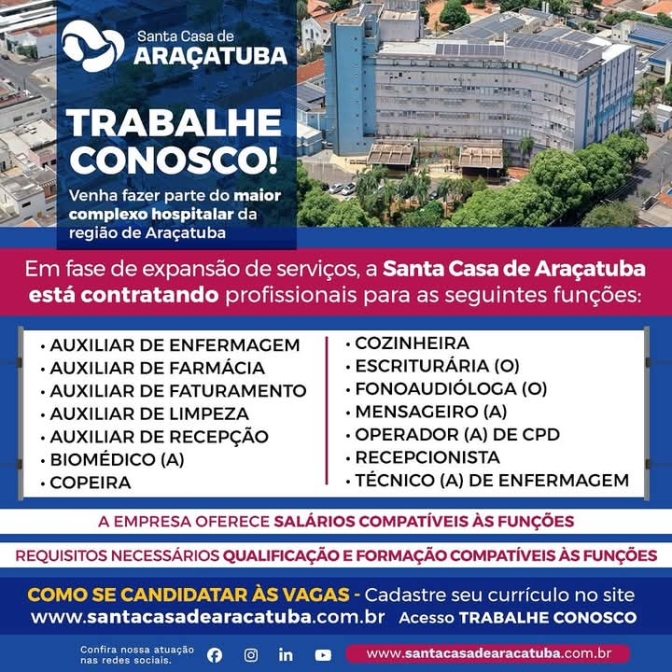 Santa Casa de Araçatuba tem várias vagas de emprego