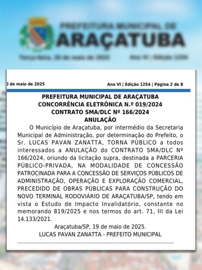 Prefeitura de Araçatuba publica cancelamento do projeto da nova rodoviária