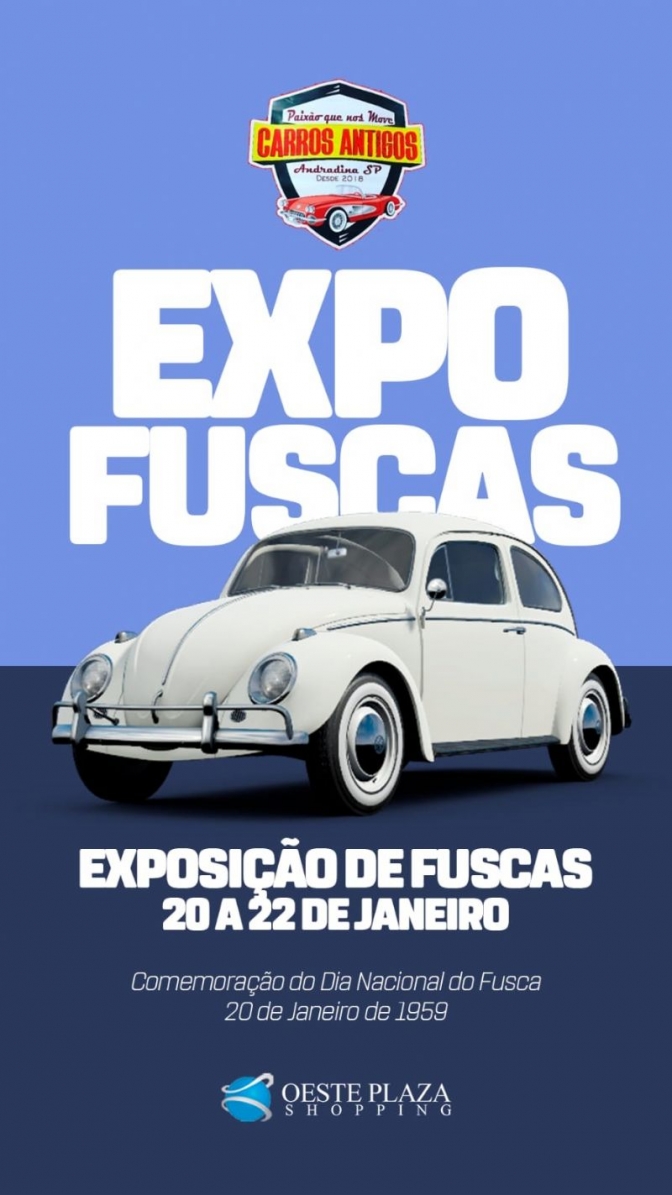 Em Andradina Oeste Plaza Shopping recebe exposição de fuscas