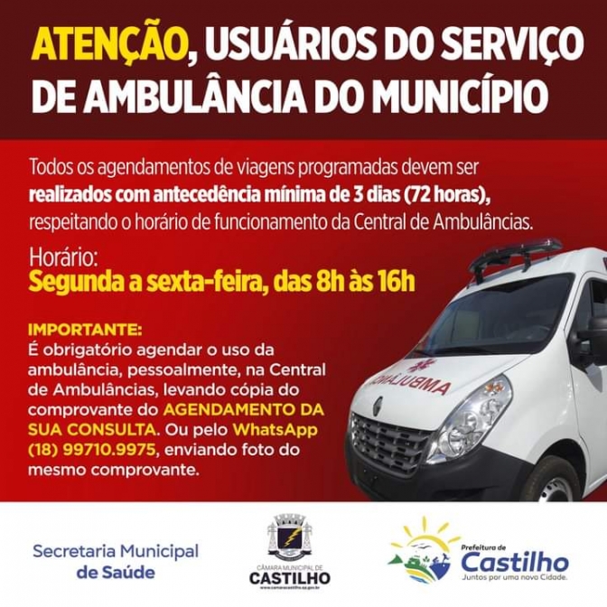 Agendamento de transporte para tratamento médico será presencialmente ou por WhatssApp em Castilho