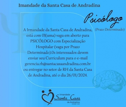 Santa Casa de Andradina tem vaga de emprego de psicólogo