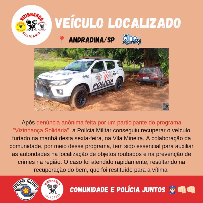 Polícia Militar de Andradina localiza veículo furtado na Vila Mineira