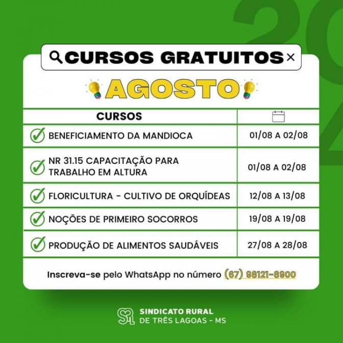 Sindicato Rural de Três Lagoas cursos gratuitos no mês de agosto