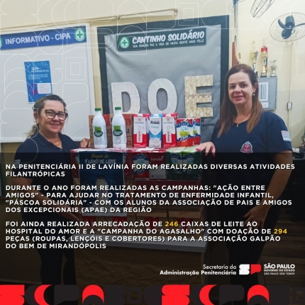 PENITENCIÁRIA 2 DE LAVÍNIA REALIZOU VÁRIAS AÇÕES FILANTRÓPICAS