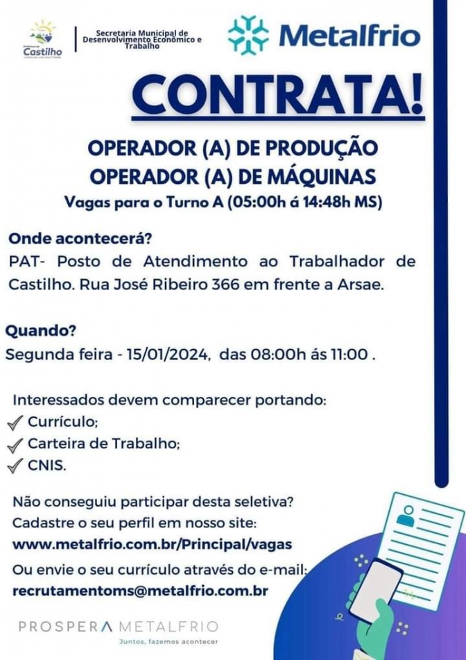 Oportunidade de emprego: Metalfrio realizará seleção na 2ª feira em Castilho