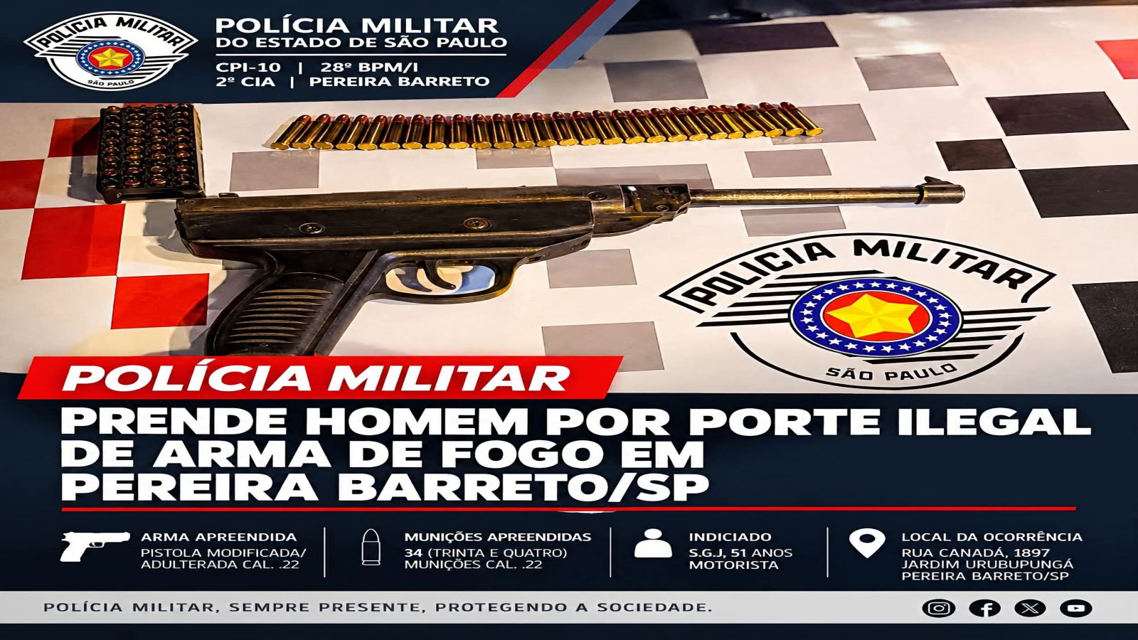  POLÍCIA MILITAR PRENDE HOMEM POR PORTE ILEGAL DE ARMA DE FOGO EM PEREIRA BARRETO/SP 