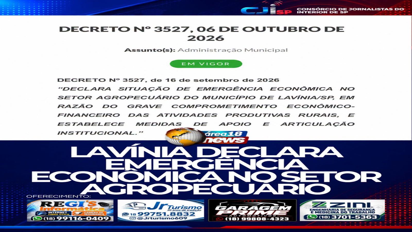 PREFEITURA DE LAVÍNIA DECLARA EMERGÊNCIA ECONÔMICA NO SETOR AGROPECUÁRIO