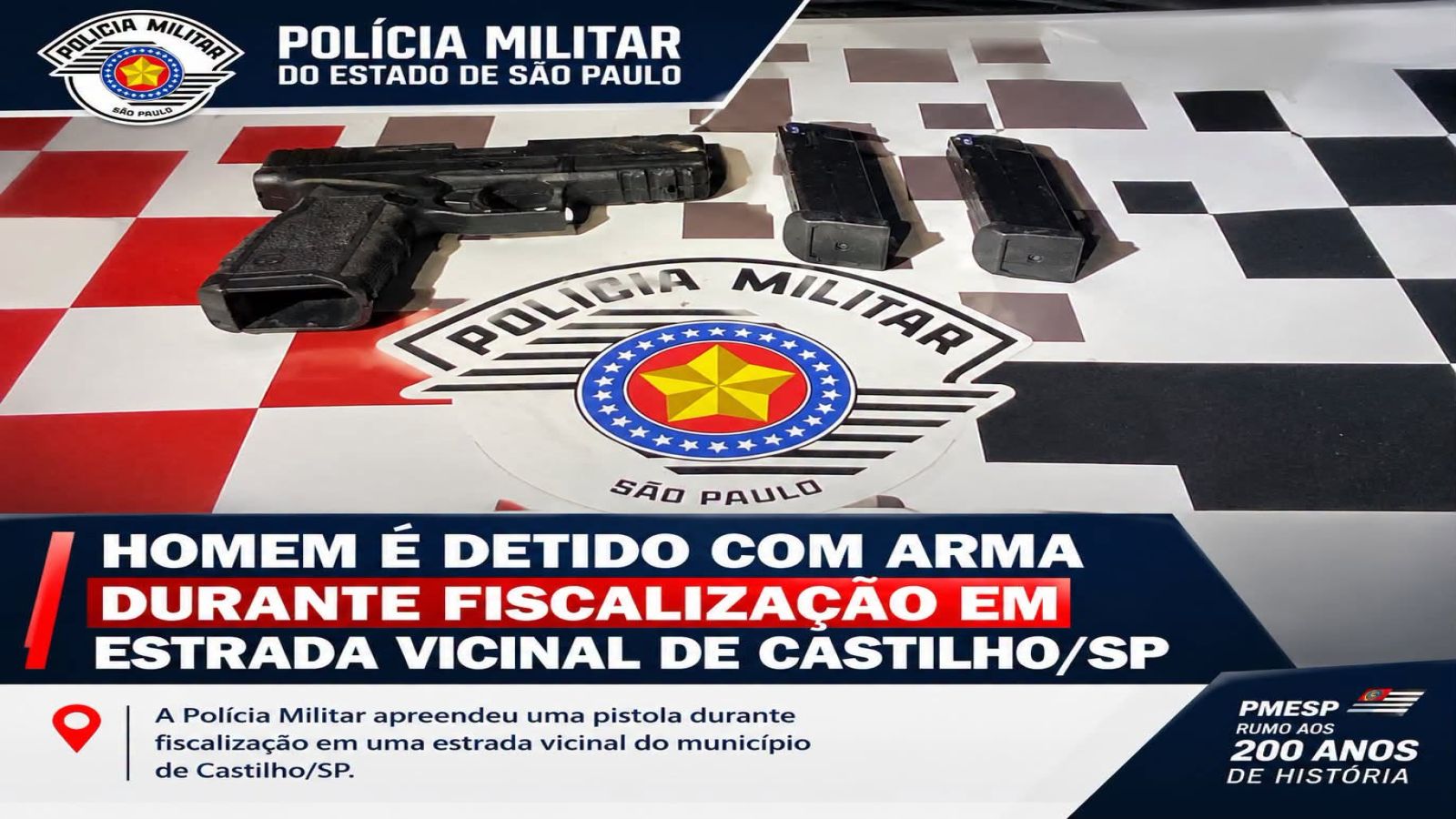 POLÍCIA MILITAR APREENDE PISTOLA DURANTE FISCALIZAÇÃO EM ESTRADA VICINAL DE CASTILHO/SP